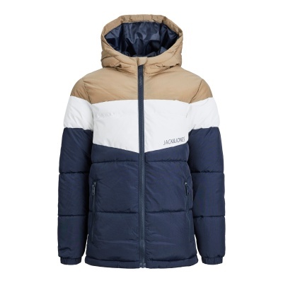 Casaco acolchoado tricolor com capuz e fecho frontal