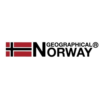 Logótipo Geographical Norway com bandeira da Noruega e texto em preto e vermelho