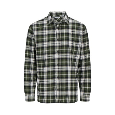 Camisa de flanela xadrez verde, branca e preta com botões, gola clássica.