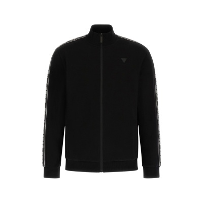 casaco desportivo preto com fecho, gola alta, faixas laterais e símbolo triangular