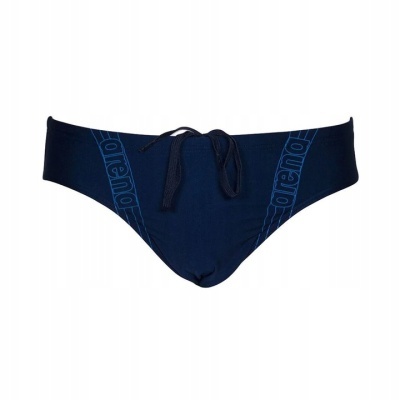Cueca de banho azul escuro com texto arena azul claro e cordão preto