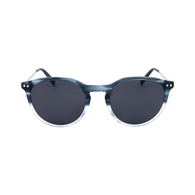 Óculos de sol com armação azul e branca translúcida e lentes escuras redondas