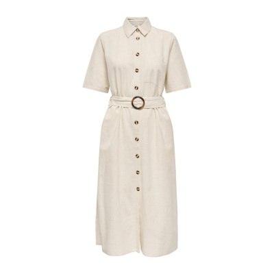Vestido midi bege com botões castanhos e cinto