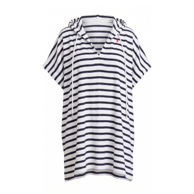 Poncho com riscas branco e azul escuro com capuz e cordões brancos