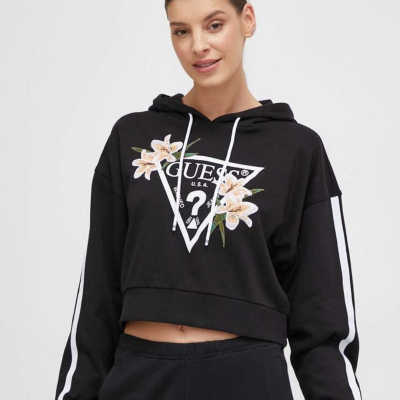 Sweatshirt preta com capuz, estampa GUESS U.S.A. e flores