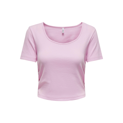 T-shirt cropped feminina rosa clara com decote redondo e mangas curtas