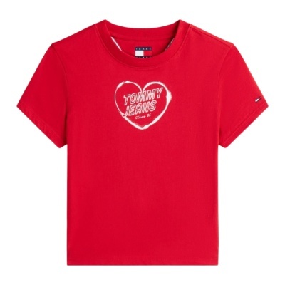 T-shirt vermelha de manga curta com estampa de coração branco e texto TOMMY JEANS Since 85