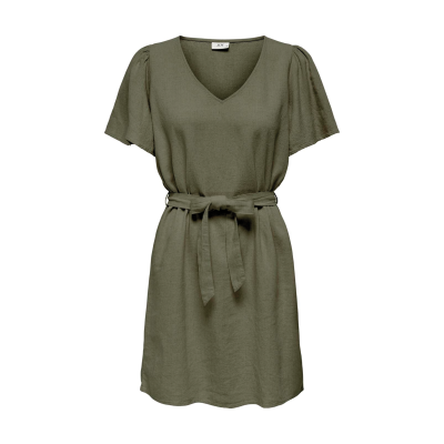 Vestido verde-oliva com decote em V e cinto