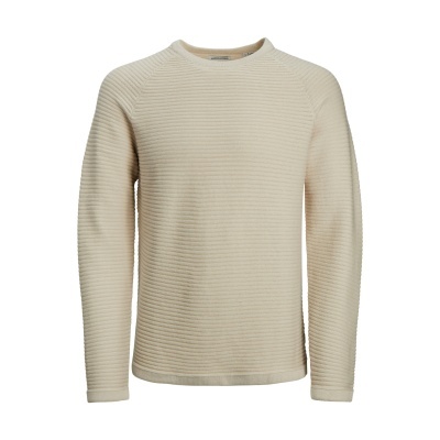 Camisola bege de malha com padrão canelado e decote redondo