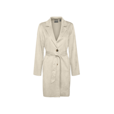 Casaco feminino bege claro com botões e cinto, tecido suave