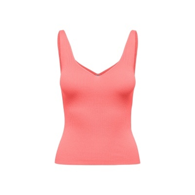 Top feminino rosa coral em malha canelada com decote em V