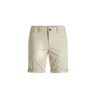 Calções masculinos bege com bainha dobrada e botão