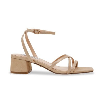 Sandália bege com salto bloco médio e tiras finas cruzadas