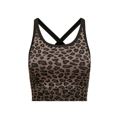 Top desportivo castanho com padrão animal print e alças pretas cruzadas