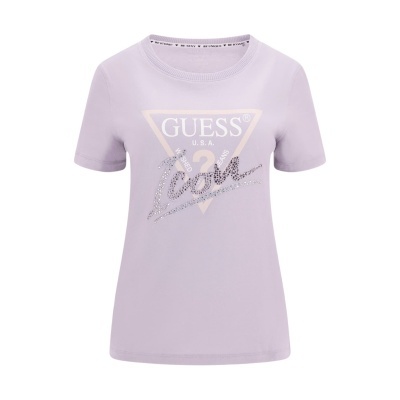 T-shirt lilás feminina com estampado GUESS U.S.A. e Icon em strass