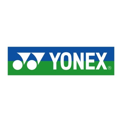 Logotipo da marca YONEX em branco sobre fundo azul e verde