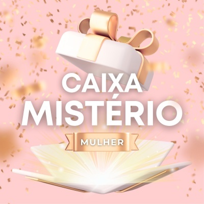 Caixa de presente branca com laço dourado e texto Caixa Mistério Mulher em fundo rosa com confetes.