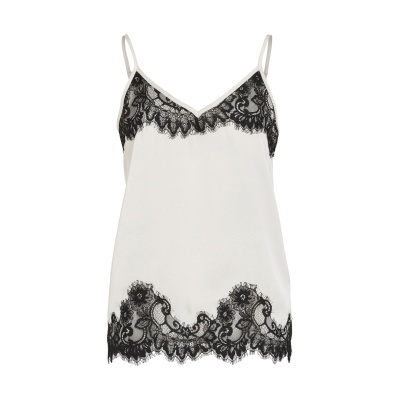 Top branco com renda preta floral no decote e barra