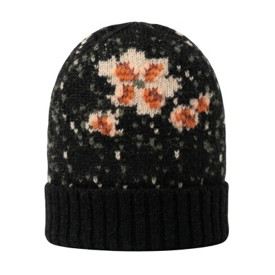 Gorro de malha preto com flores laranja e branco e dobra canelada preta
