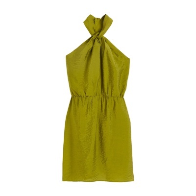 Vestido curto verde oliva sem mangas com decote halter cruzado e nó frontal