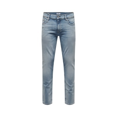 Calças de ganga azuis claras com bolsos e fecho