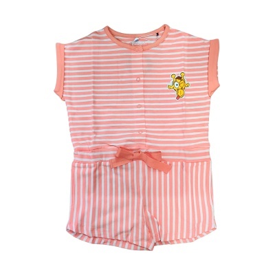 Macacão bebé rosa com riscas brancas e desenho animado amarelo