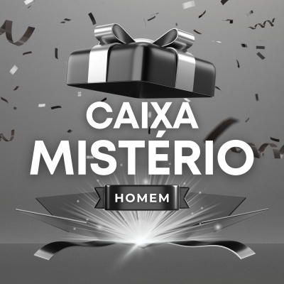 Caixa de presente preta com laço prateado flutuando acima de caixa aberta preta com luz brilhante e texto Caixa Mistério Homem.