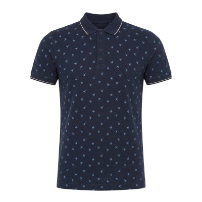 Polo masculina azul escuro com padrão de pássaros azuis