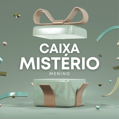Caixa de presente verde claro com laço cor de areia e texto 'CAIXA MISTÉRIO MENINO'