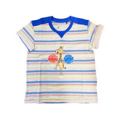 Camisola infantil às riscas com giraffa e pompons vermelhos e azuis