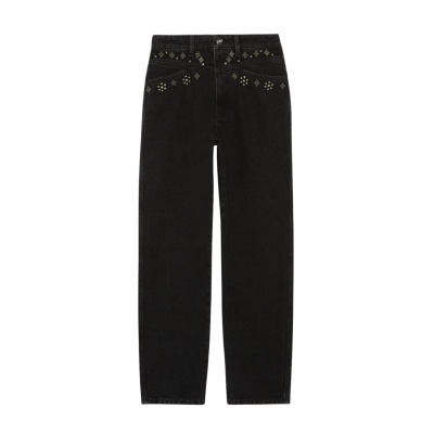 Calças pretas de ganga com tachas douradas na cintura