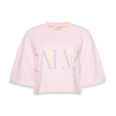 T-shirt rosa claro crop com estampado cinzento