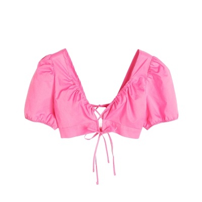 Top feminino rosa com mangas curtas bufantes e decote em V ajustável
