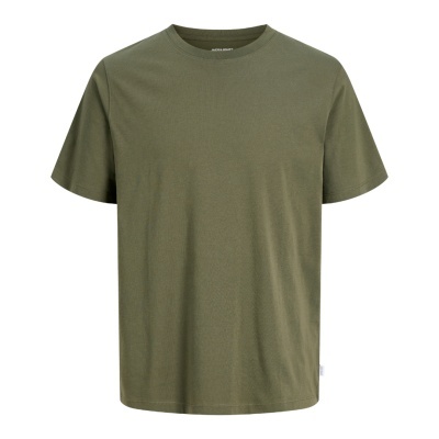 T-shirt masculina caqui de manga curta com gola redonda e etiqueta JACK & JONES