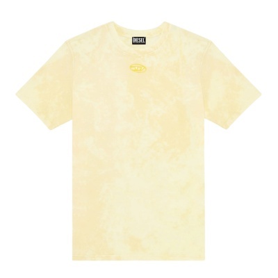 T-shirt amarelo pálido com etiqueta Diesel e logótipo no peito