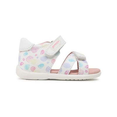 Sandália infantil branca com gotas coloridas e fechos de velcro