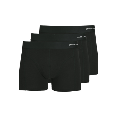 Três cuecas boxer pretas com cinta elástica preta e texto branco JACK & JOE