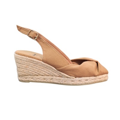 Sandália de cunha feminina castanha com sola de corda e fecho de fivela