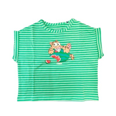 T-shirt verde riscada com estampa de leopardo segurando melancias