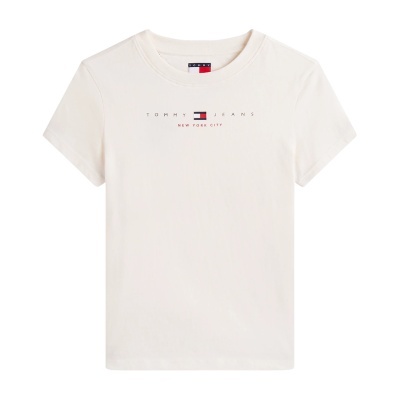 T-shirt branca de manga curta com texto e logótipo no peito