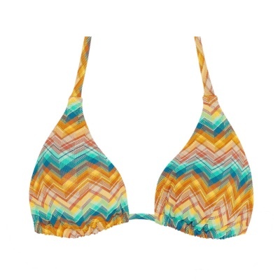 Top de bikini triangular com padrão geométrico colorido