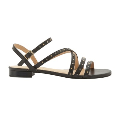 Sandalha preta com tiras finas e rebites dourados e prateados.