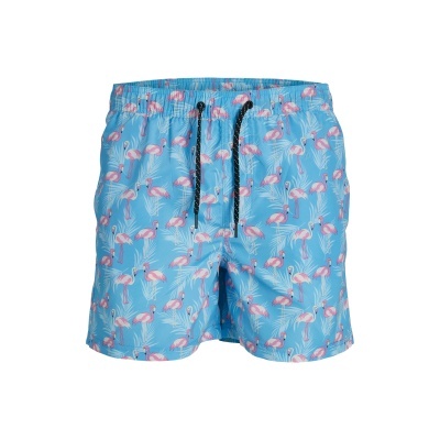 Calções de banho azul claro com padrão de flamingos e cordão preto