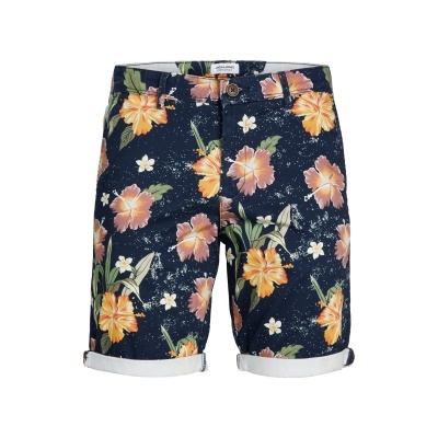 Bermudas florais azuis com dobrado branco