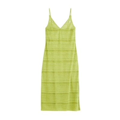 Vestido midi verde lima com alças finas e padrão texturizado