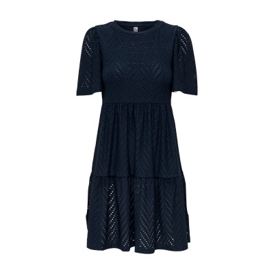 Vestido azul escuro com padrão recortado e mangas curtas bufantes