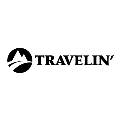 Logótipo preto com montanhas e estrada e texto TRAVELIN