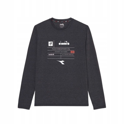 Camisola desportiva de manga comprida cinza escuro com estampados brancos e vermelhos