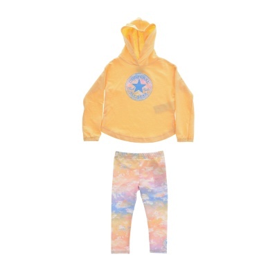 Conjunto infantil amarelo com sweat e leggings coloridas tie-dye