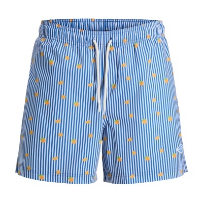Calções de banho azuis às riscas com padrão de laranjas e cordão branco.